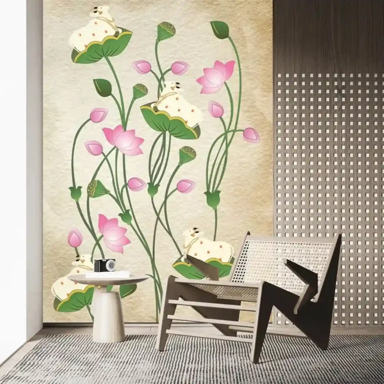 Sacred Cow & Lotus Bloom Pichwai Art Mural Wallpaper - Custom 3D Wall Mural for Living Room & Bedroom (From ₹70/sq.ft) | Parker Window Blinds