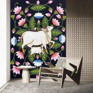 Sacred Cow Pichwai Art Wallpaper with sacred cow and lotus flowers on a navy blue background for a pooja room or ethnic decor.