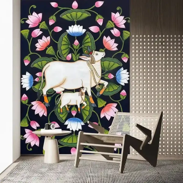 Sacred Cow Pichwai Art Wallpaper with sacred cow and lotus flowers on a navy blue background for a pooja room or ethnic decor.