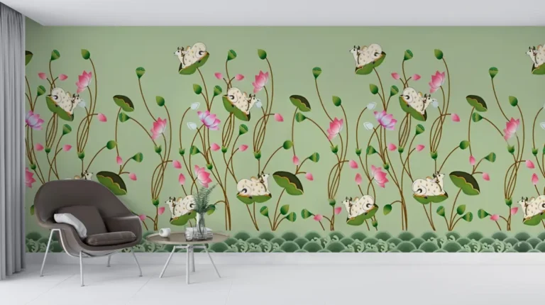 Sacred Lotus Cow Pichwai Wallpaper - Custom 3D Wall Mural for Living Room & Bedroom (From ₹70/sq.ft) | Parker Window Blinds