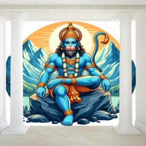 Spiritual Hanuman Ji Wallpaper with Majestic mountain backdrop and golden sun, ideal for temple or meditation room decor