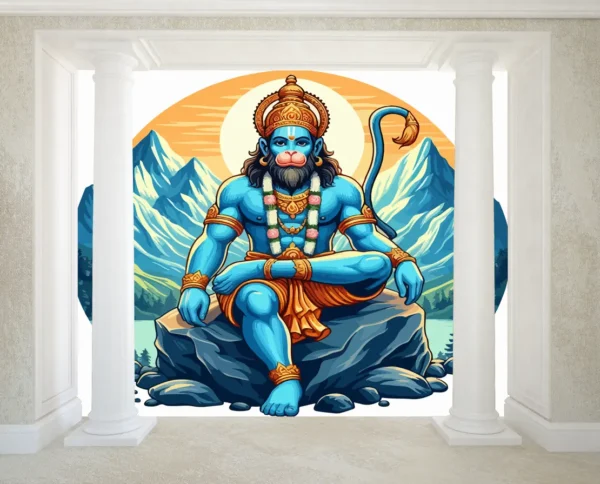 Spiritual Hanuman Ji Wallpaper with Majestic mountain backdrop and golden sun, ideal for temple or meditation room decor