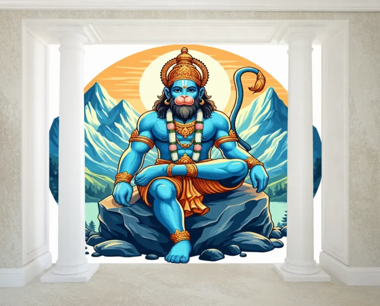 Spiritual Hanuman Ji Wallpaper with Majestic Mountain Scene - Custom 3D Wall Mural for Living Room & Bedroom (From ₹70/sq.ft) | Parker Window Blinds