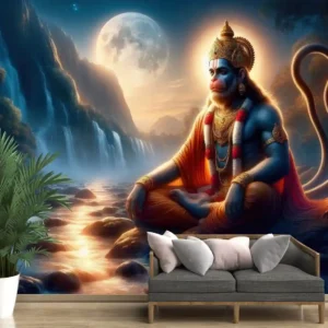 Hanuman wallpaper meditating under a full moon by a waterfall in a divine night forest for peaceful spiritual decor.