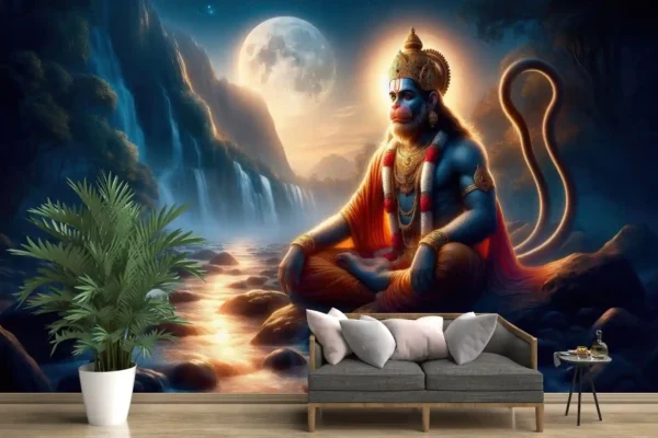 Hanuman wallpaper meditating under a full moon by a waterfall in a divine night forest for peaceful spiritual decor.
