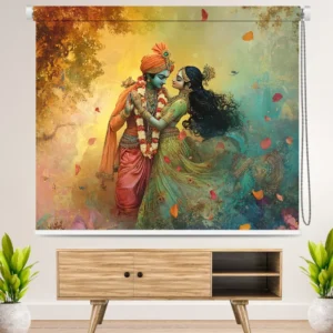 Colorful Radha Krishna dance scene printed on a roller blind for spiritual and traditional home decor