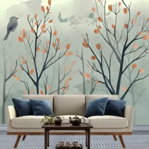 Elegant forest trees and birds nature wallpaper mural with autumn leaves for living room decor