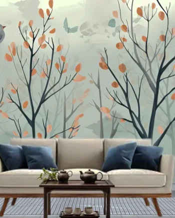 Elegant forest trees and birds nature wallpaper mural with autumn leaves for living room decor