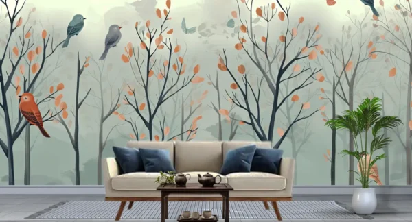 Elegant forest trees and birds nature wallpaper mural with autumn leaves for living room decor