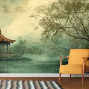 Tranquil Lakeside Pavilion Mural Wallpaper with lakeside pavilion and misty forest backdrop