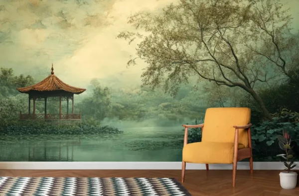 Tranquil Lakeside Pavilion Mural Wallpaper with lakeside pavilion and misty forest backdrop