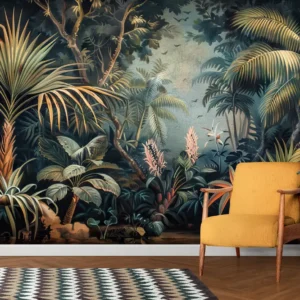 Tropical Jungle Paradise Wallpaper with Exotic Birds, palm trees, and jungle foliage in a luxury living room setting