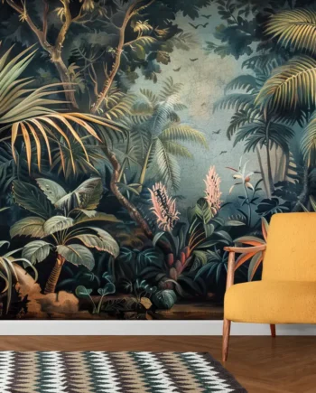 Tropical Jungle Paradise Wallpaper with Exotic Birds, palm trees, and jungle foliage in a luxury living room setting