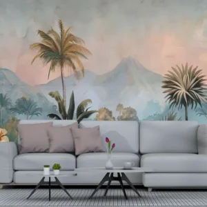Tropical Pastel Mountain View Wallpaper with palm trees, mountains, and watercolor sky