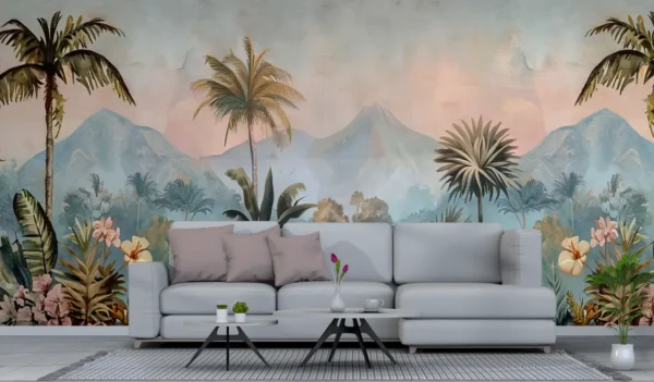Tropical Pastel Mountain View Wallpaper with palm trees, mountains, and watercolor sky