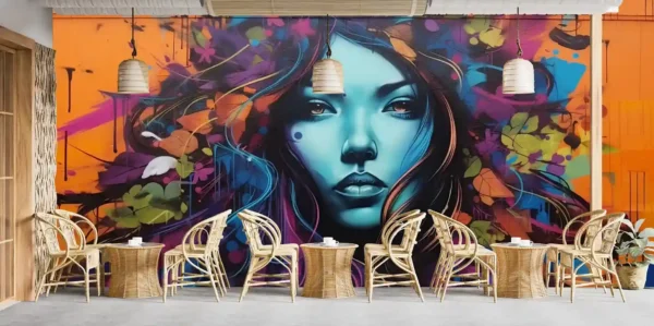Vibrant Street Graffiti Art Style Wallpaper with a stylized blue female portrait on an orange background and colorful abstract leaves
