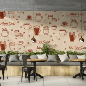 Hand-sketched vintage coffee cups wallpaper for coffee shop wall decor in neutral background