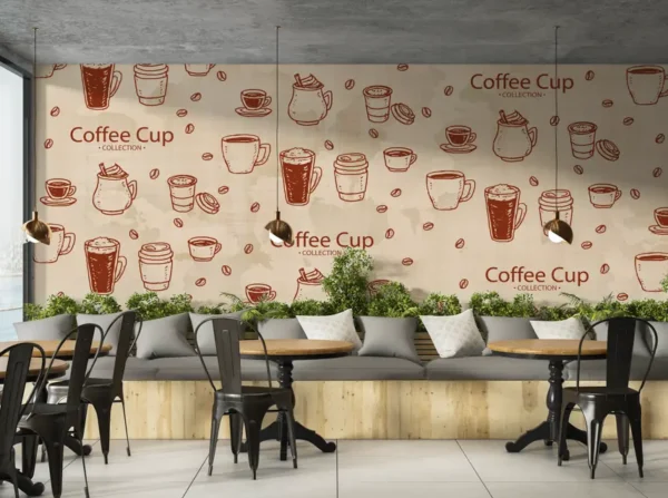 Hand-sketched vintage coffee cups wallpaper for coffee shop wall decor in neutral background