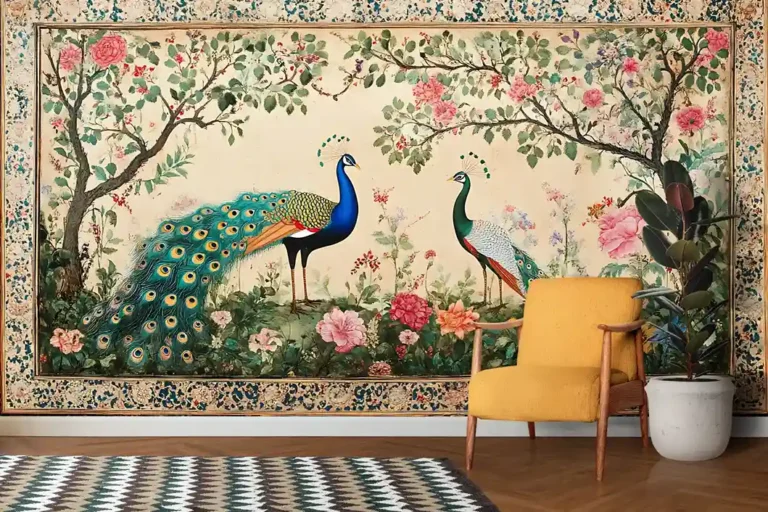 Vintage Royal Peacock Garden Wallpaper - Custom 3D Wall Mural for Living Room & Bedroom (From ₹70/sq.ft) | Parker Window Blinds