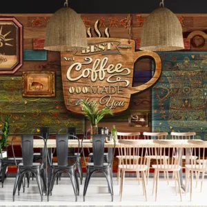 Vintage Wooden Texture Café Wallpaper with Handcrafted Art & Typography