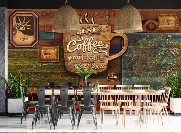Vintage Wooden Texture Café Wallpaper with Handcrafted Art & Typography