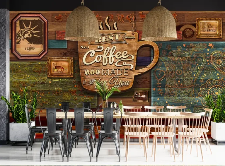 Vintage Wooden Texture Cafe Wallpaper with Handcrafted Art & Typography - Custom 3D Wall Mural for Living Room & Bedroom (From ₹70/sq.ft) | Parker Window Blinds