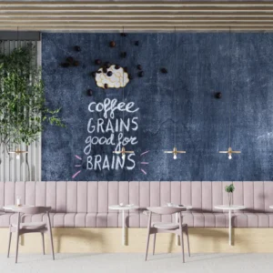 Coffee Chalkboard Café Wallpaper for Coffee Shops & Kitchen with chalkboard design and “coffee grains good for brains” quote in handwritten typography
