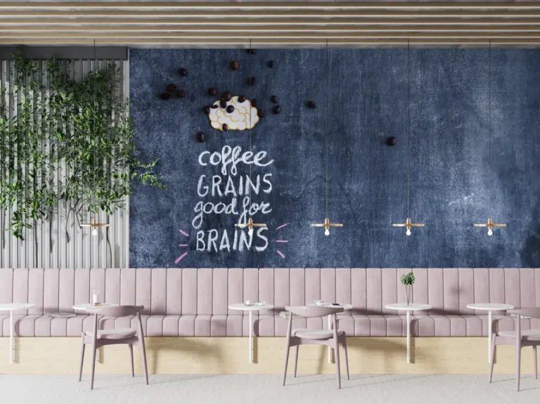Coffee Chalkboard Café Wallpaper for Coffee Shops & Kitchen - Custom 3D Wall Mural for Living Room & Bedroom (From ₹70/sq.ft) | Parker Window Blinds