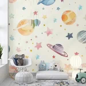 Pastel watercolor space-themed wallpaper with planets and stars for kids nursery