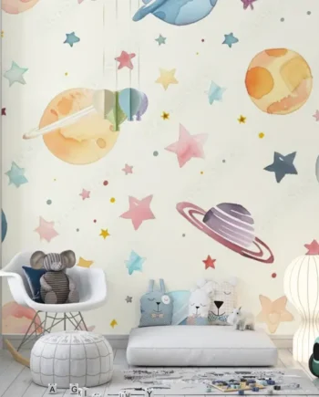 Pastel watercolor space-themed wallpaper with planets and stars for kids nursery