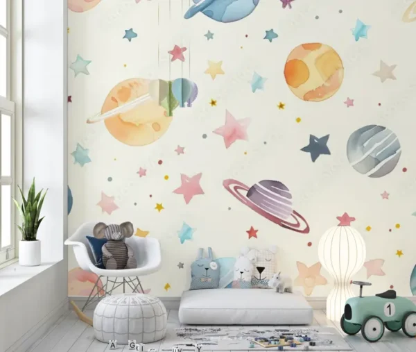 Pastel watercolor space-themed wallpaper with planets and stars for kids nursery