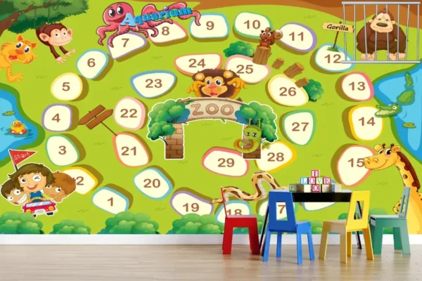 Colorful zoo-themed educational wallpaper with number game path and cartoon animals for kids’ rooms or classrooms