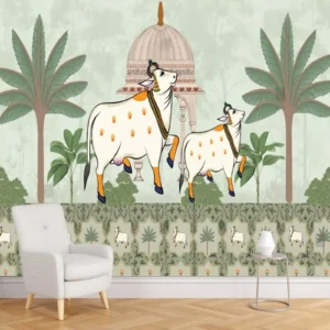 Traditional Indian Gau Mata Pichwai Wallpaper with Mandala Temple Motif