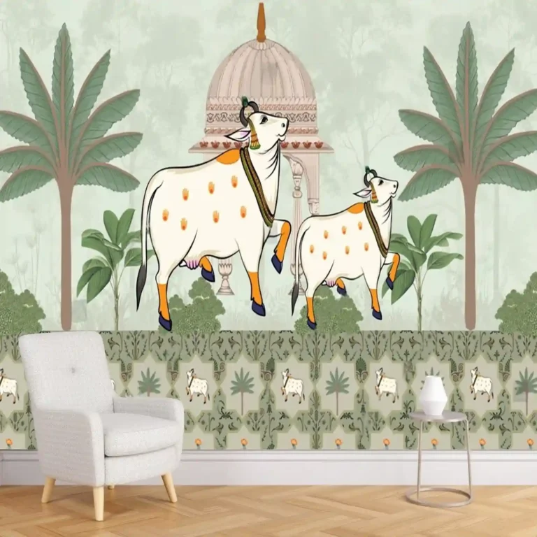 Traditional Indian Gau Mata Pichwai Wallpaper with Mandala Temple Motif - Custom 3D Wall Mural for Living Room & Bedroom (From ₹70/sq.ft) | Parker Window Blinds