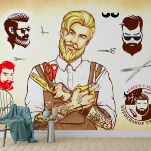 Artistic Barbershop Wallpaper Mural with vintage beard styles, scissors, and grooming tools in a classic barbershop setting