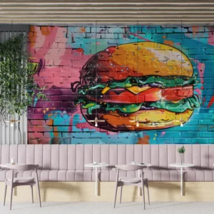 Burger graffiti wallpaper with Colorful Street Art on a brick wall in a modern cafe setting