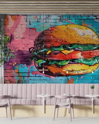 Burger graffiti wallpaper with Colorful Street Art on a brick wall in a modern cafe setting
