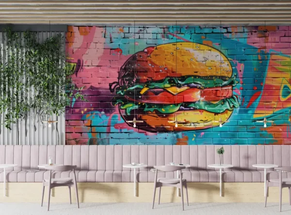 Burger graffiti wallpaper with Colorful Street Art on a brick wall in a modern cafe setting