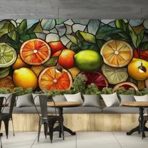 Citrus Stained Glass Wallpaper Featuring Oranges, Lemons, and Limes for Interior Design