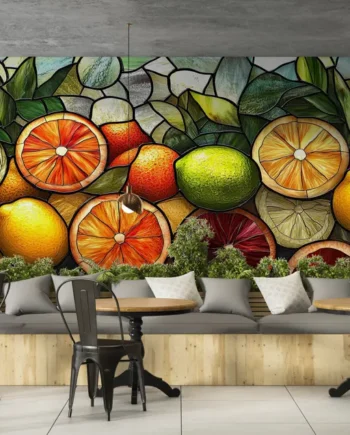 Citrus Stained Glass Wallpaper Featuring Oranges, Lemons, and Limes for Interior Design