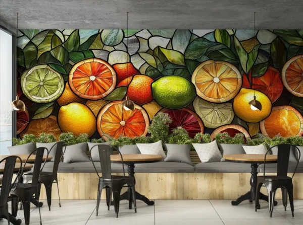 Citrus Stained Glass Wallpaper Featuring Oranges, Lemons, and Limes for Interior Design