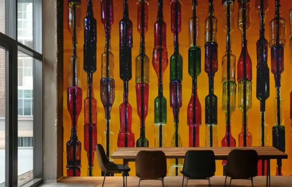Colorful Wine glass bottle wallpaper mural on a glowing orange background in a modern dining or bar space