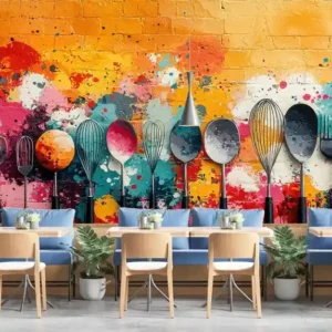 Culinary Art Splash Wallpaper mural featuring painted spoons, whisks, and spatulas with a splash-art background in a restaurant dining setting