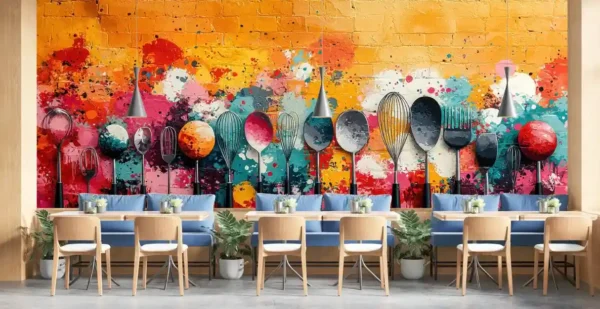 Culinary Art Splash Wallpaper mural featuring painted spoons, whisks, and spatulas with a splash-art background in a restaurant dining setting