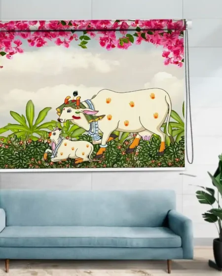 Kamdhenu Cow Floral Roller Blind with Traditional Indian Design - Custom Fit Window Blind with UV Protection (From ₹159/sq.ft) | Parker Window Blinds