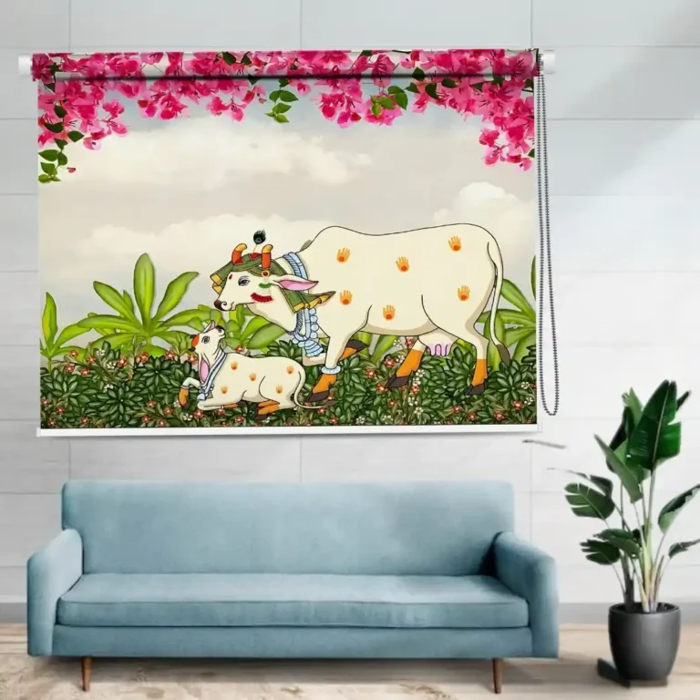 Kamdhenu Cow Floral Roller Blind with Traditional Indian Design - Custom Fit Window Blind with UV Protection (From ₹159/sq.ft) | Parker Window Blinds