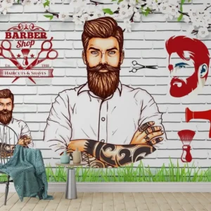 Modern Tattooed Barber Shop Wallpaper mural on white brick wall with cherry blossoms and grooming icons