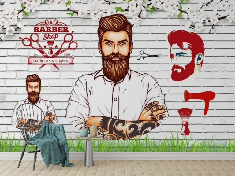 Modern Tattooed Barber Shop Wallpaper - Custom 3D Wall Mural for Living Room & Bedroom (From ₹70/sq.ft) | Parker Window Blinds