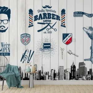 Modern Vintage Barber Shop Decor Wallpaper with vintage grooming icons, barber pole, scissors, and razors on a white wood background
