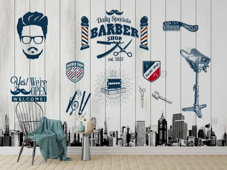 Modern Vintage Barber Shop Wallpaper with Cityscape Accent - Custom 3D Wall Mural for Living Room & Bedroom (From ₹70/sq.ft) | Parker Window Blinds